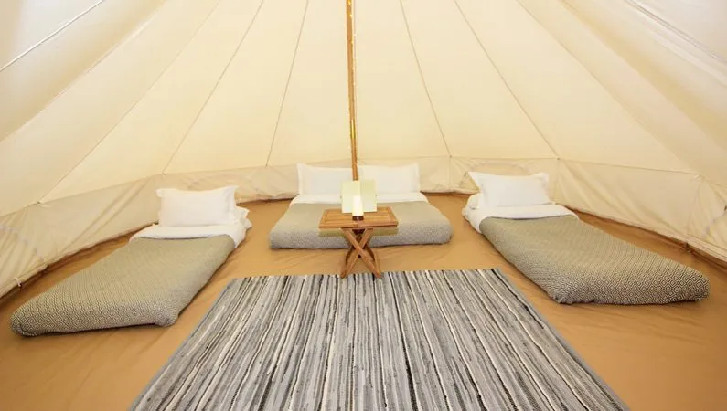 A photograph of the interior of the classic bell tent, a premium accommodation option at Lost Village.