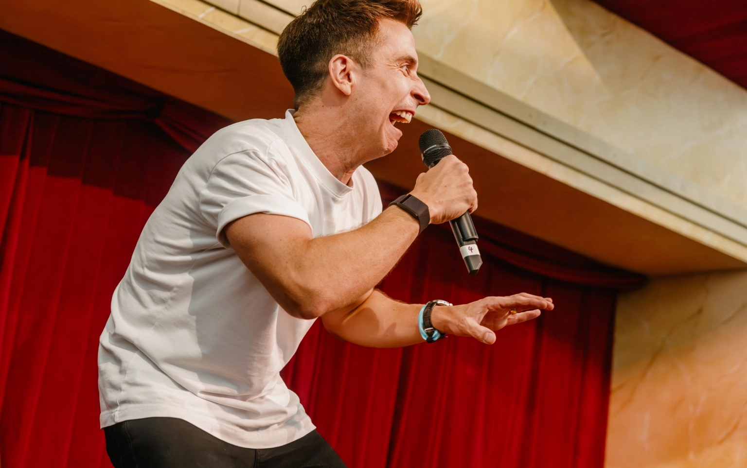 A comedian delivering his set at Lost Village.