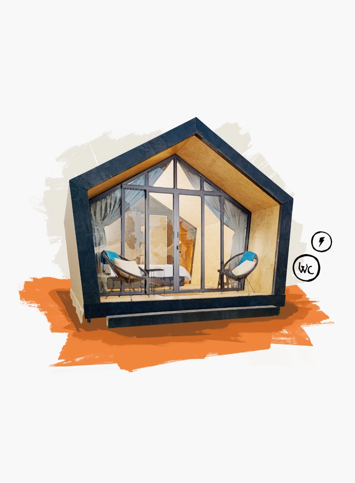 An illustration of the deluxe suite, a premium accommodation option at Lost Village. It is in the shape of a pentagon, with a floor to ceiling glass front, through which you can see a bed.