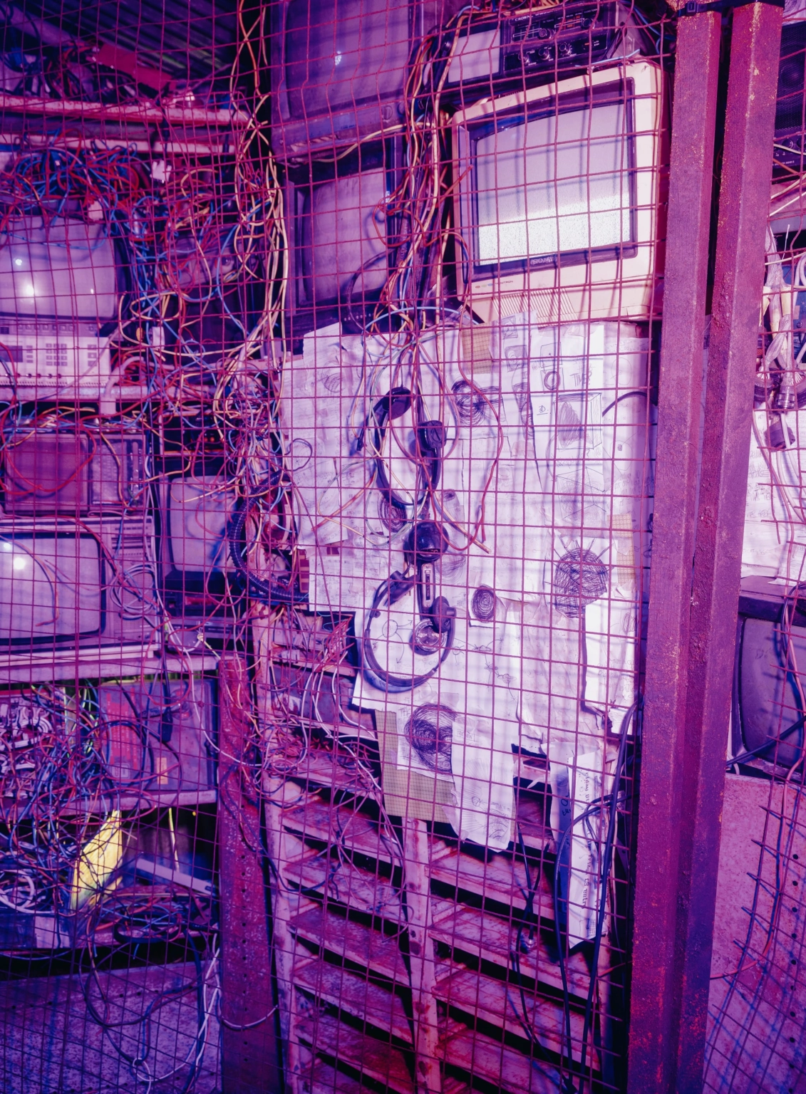 An image of a set from Lost Village resembling a vintage switchboard, with loose hanging wires, broken headsets and old screens.