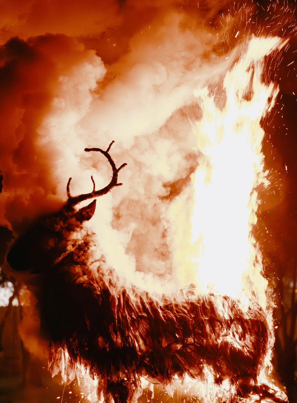 An image of a burning wooden stag at Lost Village