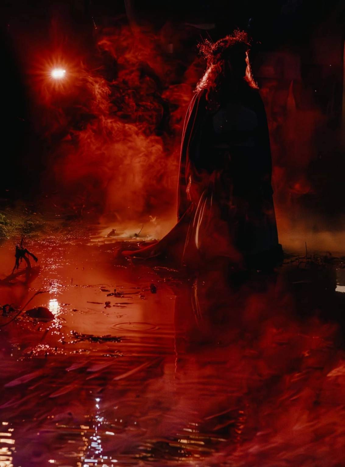 A dark, cinematic photo of a woman immersed to her knees in water at Lost Village.