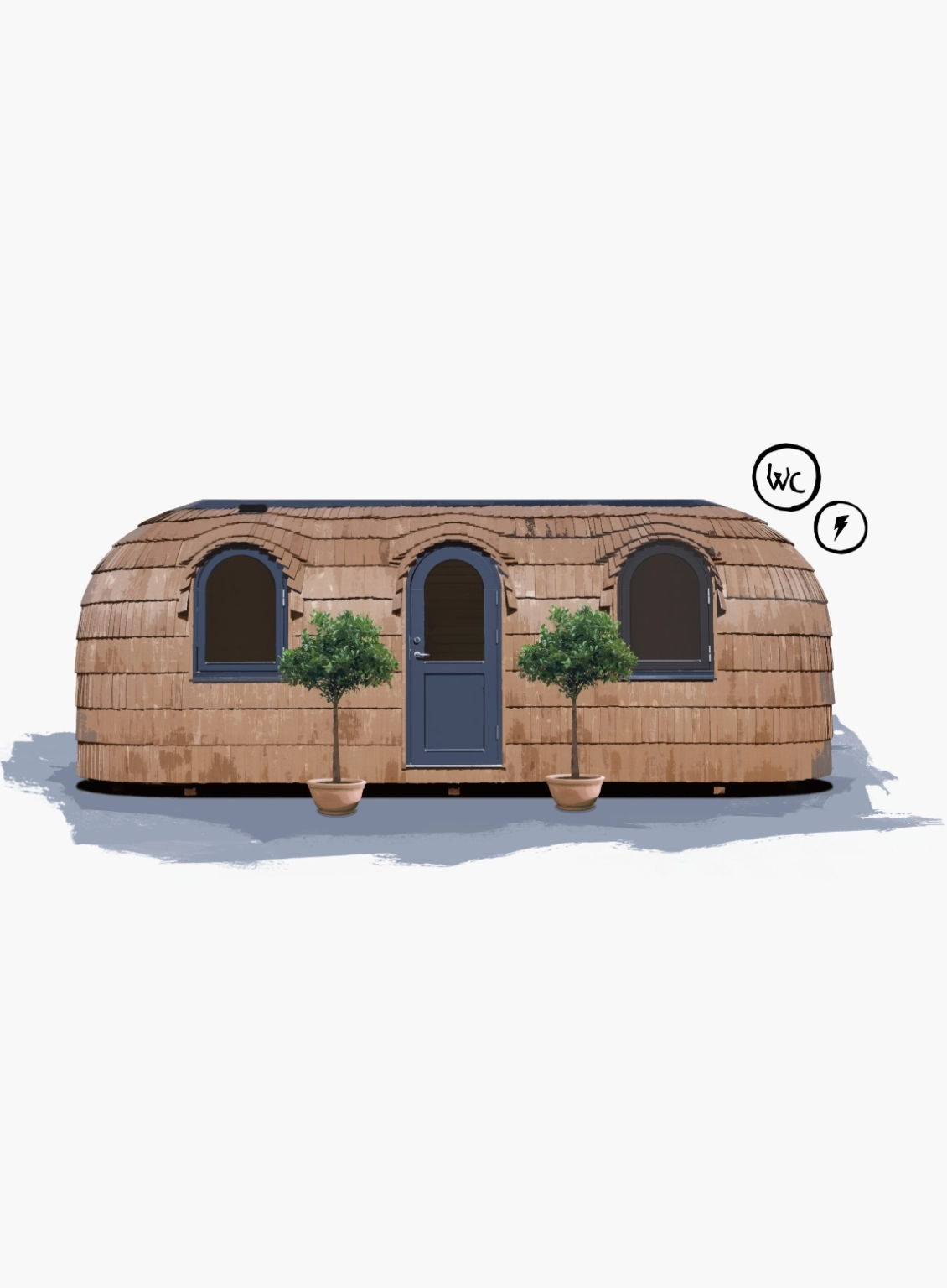 An illustration of the exterior of The Nest, a premium accommodation option at Lost Village. It is a capsule-shaped pod with windows and a door.