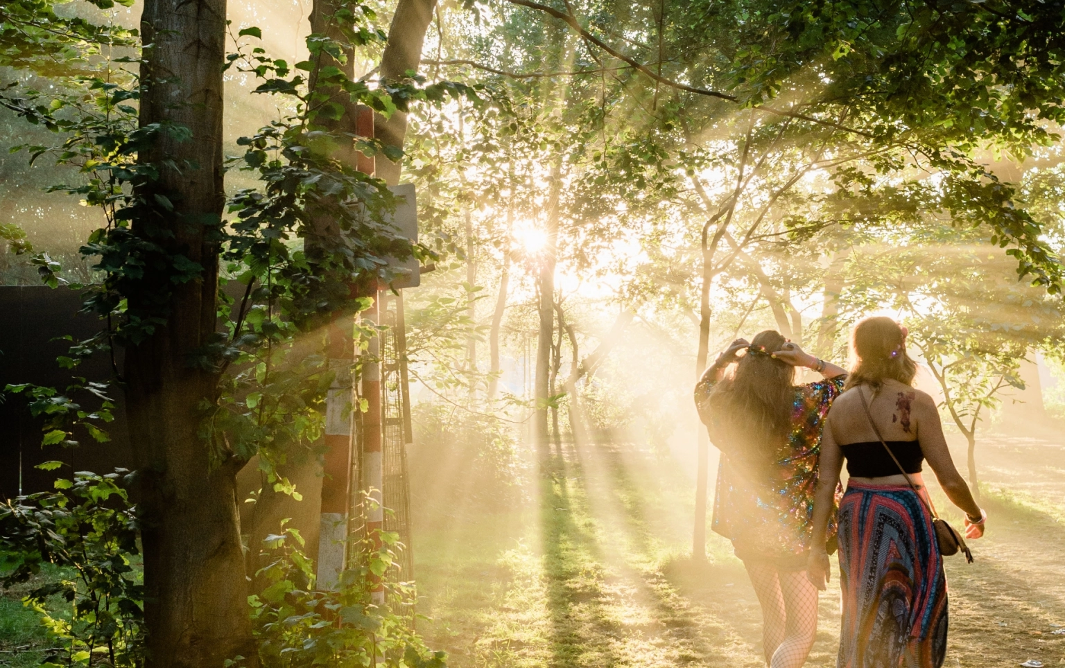 A photograph of two women walking through sunlit woods.